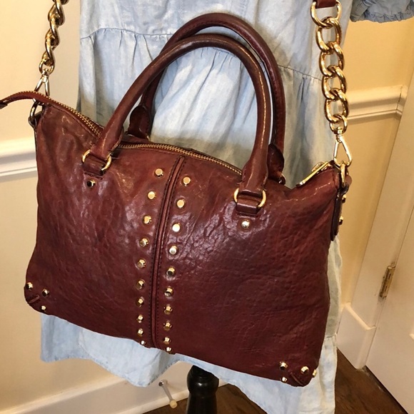 MICHAEL KORS Wine Red Leather Hardware Studded Briefcase Crossbody Shoulder Bag - Picture 3 of 14